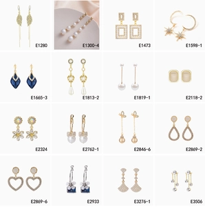 Grid display of vintage pearl earrings with colorful rhinestones and star patterns