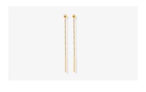Macro view of minimalist 18K gold-plated threader earrings with bead and chain details
