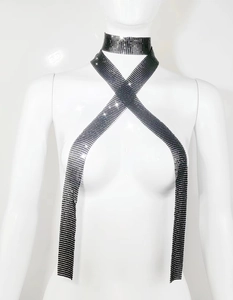 Detailed view of shimmering black rhinestone mesh body chain on a neck and torso model