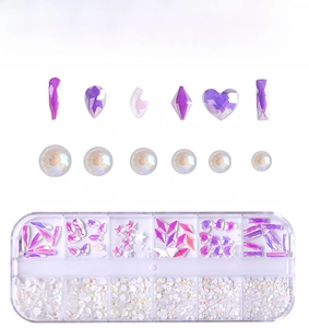 Macro view of crystal AB glass rhinestones in various shapes and sizes for nail art