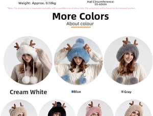 Detail view of plush antler knit hats in various colors with pom-poms and ear protection