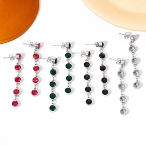 Long tassel drop earrings with five colorful round emerald and zircon crystals in stainless steel
