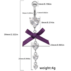 Piercing nombril argenté avec nœud violet et pendentifs en zircons blancs en forme de cœur