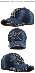 Detailed views of denim baseball cap with rhinestone star and silver metal studs