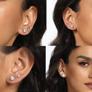 Minimalist round and square zircon stud earrings with gold and silver four-claw base set