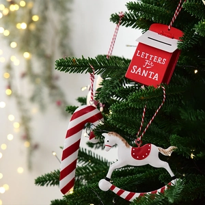 Christmas tree ornaments set with red mailbox, candy cane and rocking horse in iron art