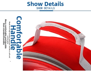 Close-up of the reinforced grey handle on the red breathable pet carrier backpack