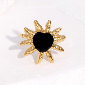 18k gold plated stainless steel sunburst ring with a black enamel heart center