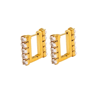 Retro 18K gold plated stainless steel hoop earrings with square cubic zirconia stones