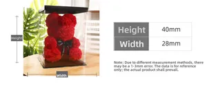 Macro detail of 40mm red rose bear gift in a transparent box with dimensions