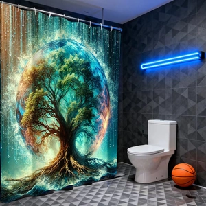Artistic shower curtain with Tree of Life print and waterproof fabric in a modern bathroom