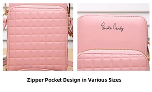 Pink quilted leather crossbody bag featuring dual zipper pockets and a Smile Candy logo