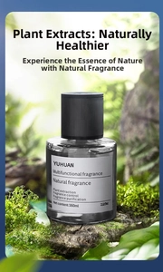 Macro shot of 160ml YUHUAN aromatherapy glass bottle placed on mossy rocks in a forest