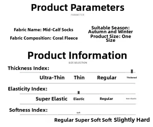 Detailed parameter chart for coral fleece crew socks showing material and thickness info