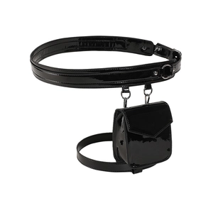 Mini black patent leather waist bag with matching belt for fitness and sports use