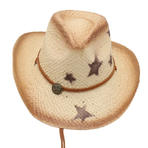 Classic straw cowboy hat with brown stars and a vintage metal buckle decoration