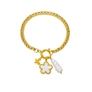 Double-layer stainless steel bracelet with golden butterfly, shell flower, and pearl charms