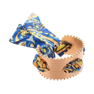Metallic mesh bangle with blue floral silk scarf wrap in rose gold finish for women
