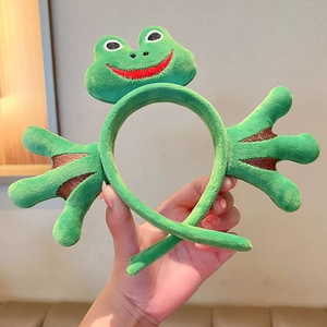 Cute green plush frog headband for kids, comfortable hair accessory for face washing and daily use