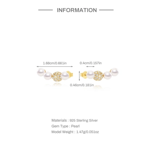 Macro view of S925 silver curved earrings with dimensions 1.68cm by 0.4cm and pearls