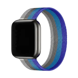 Detail of Milanese loop metal strap featuring tri-color blue and silver vertical stitching
