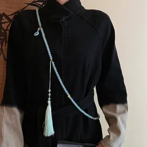 Long Beaded Necklace New Chinese Style Light Blue Glass Beads Tassel Pendant Safety Buckle For Women Elegant Accessory