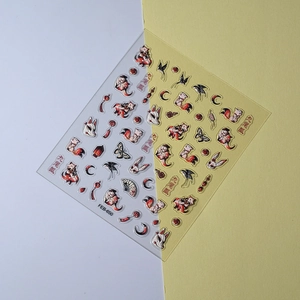 Detailed relief nail sticker featuring Japanese nine-tailed fox and mask patterns