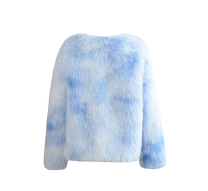 Detail showing blue and white marble faux fur texture on a cropped round-neck coat