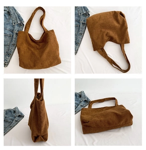 Detailed views of a brown corduroy tote bag showing various angles and soft texture