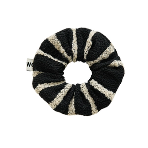 French vintage striped tweed scrunchie in black and beige with a small white woven label