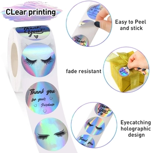 Macro detail of holographic laser thank you stickers for business packaging sealing