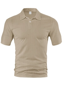 Macro detail of men's khaki polo shirt showing breathable textured waffle knit fabric