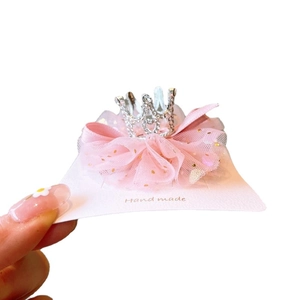 Pink mesh flower hair clip for girls featuring a sparkling silver rhinestone crown decoration