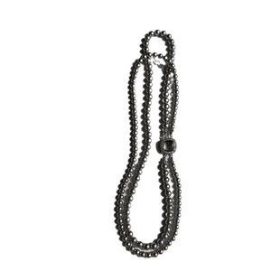 Elegant double-layered dark gray glass pearl necklace with a square shell buckle accent