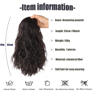 Detailed size and care specs for 14-inch black water wave drawstring ponytail extension