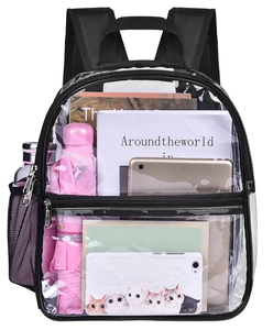 Detailed view of clear PVC backpack showing spacious storage with books and essentials
