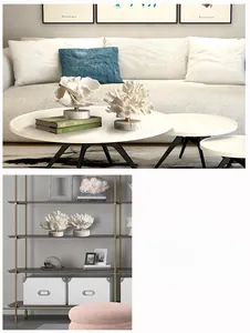 Artistic white resin coral sculpture with round marble base shown in home settings