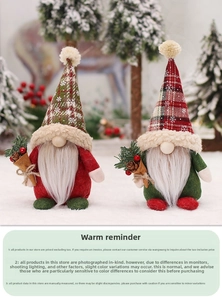Detailed close-up of Christmas gnome dolls with checkered hats and festive berries