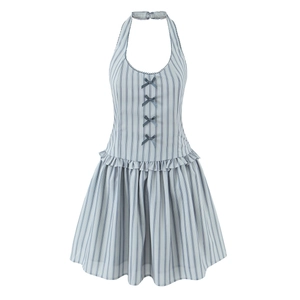 Halter Neck Striped Mini Dress For Women Polyester Backless Bow Decoration Ruffle Hem Summer Vacation Party Style