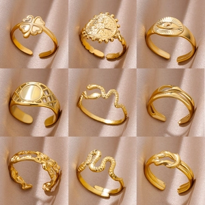 18K Gold Plated Stainless Steel Adjustable Open Rings For Women Bohemian Snake Four-Leaf Clover Evil Eye Sunburst Knot Lava Texture Vintage Jewelry