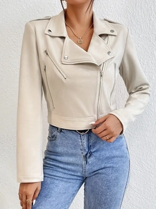 Veste de motard beige en simili daim pour femme avec fermeture éclair asymétrique