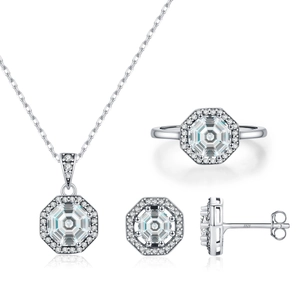 Vintage S925 sterling silver octagon jewelry set with emerald-cut crystals
