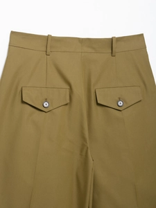 Close-up of khaki high-waist pants back view with buttoned flap pockets and belt loops