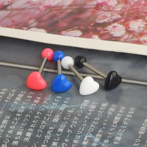 Set of four heart-shaped acrylic tongue rings in pink, blue, white, and black colors