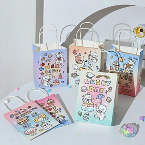 Detail of colorful gradient gift bags with cute animal prints and lucky quotes