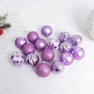 Lavender purple Christmas ball ornament set with mixed textures on white plush rug