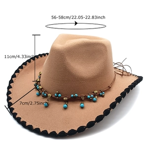 Western felt cowboy hat in light coffee with bohemian beads and 7cm brim details