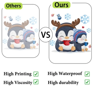 Detailed comparison showing high-quality Christmas penguin wall stickers with vivid colors