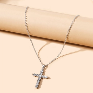 Sparkling silver cross pendant necklace with clear crystals on minimalist link chain