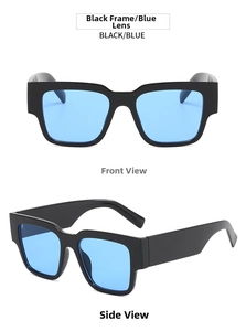 Rectangle sunglasses with black wide frame and blue transparent lenses in front and side views